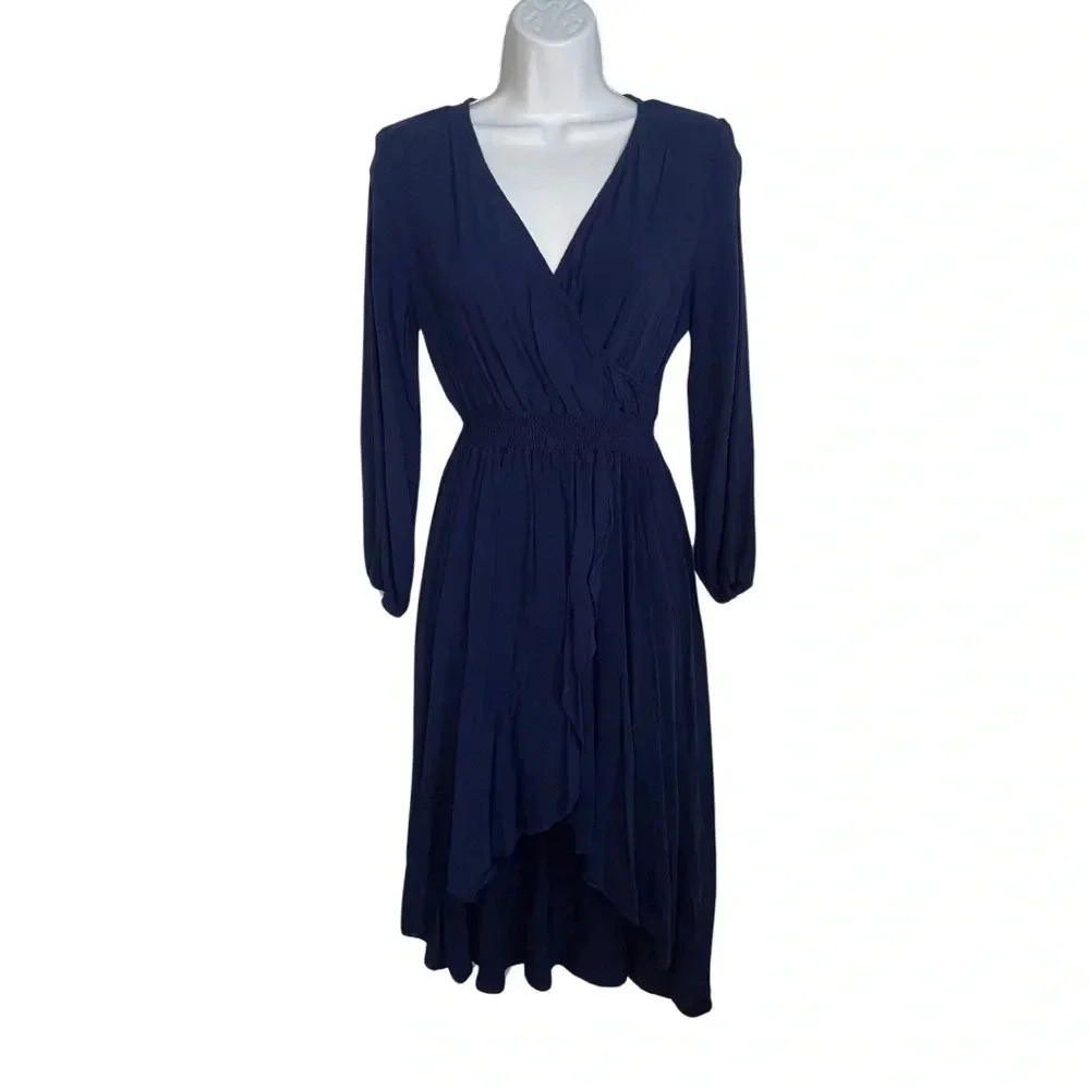 Chic Navy Blue Wrap-Like Long Sleeve Dress by KorMei, Elastic Waist, Medium